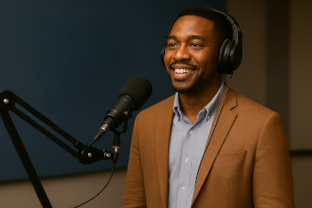 Person wearing headphones speaking into a microphone in a podcast recording studio